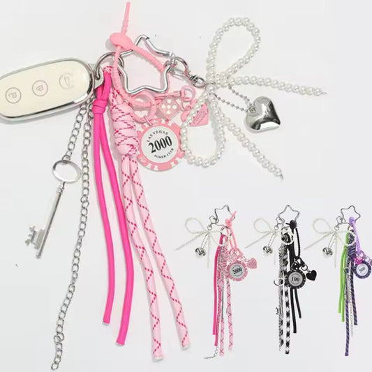 Fashionable Heart Leather Rope Keychain Handmade Love Heart Pearl Bow Bag Pendant Y2K Bag Charms Gifts INS Hanging Accessories